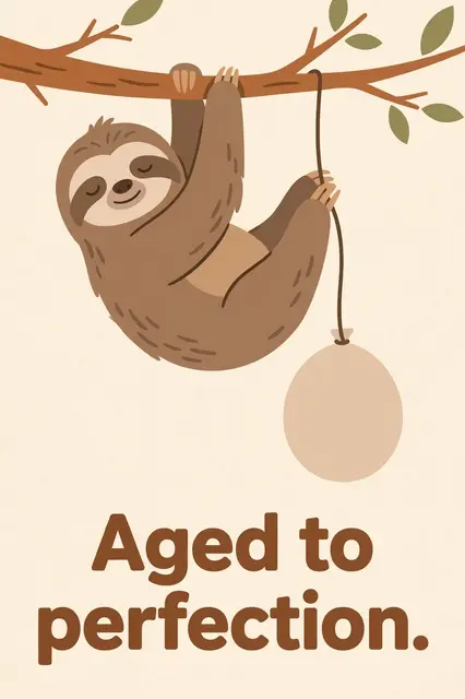 A flat illustration of a happy sloth hanging from a tree branch holding a balloon above the text "Aged to perfection." on a