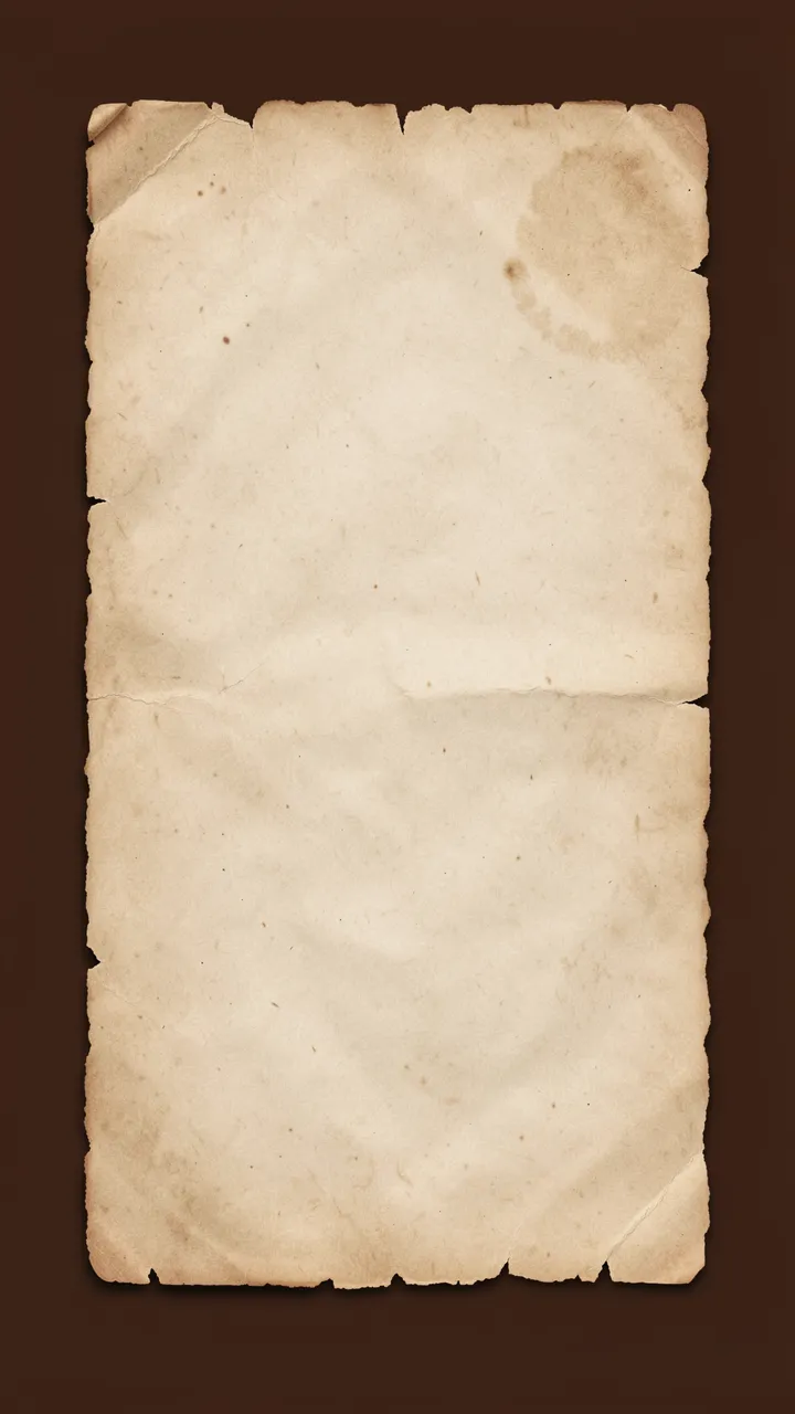 Vertical blank aged torn parchment with ragged edges set against a dark brown background