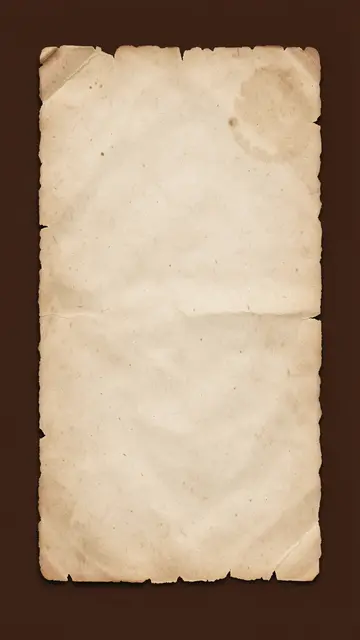 Vertical blank aged torn parchment with ragged edges set against a dark brown background