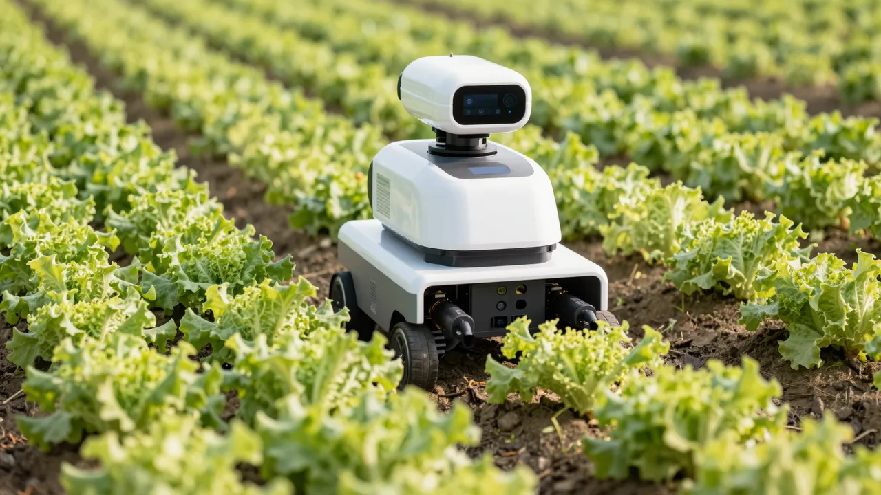 A small white agricultural robot sits between neat rows of growing lettuce in a sunlit farm field.