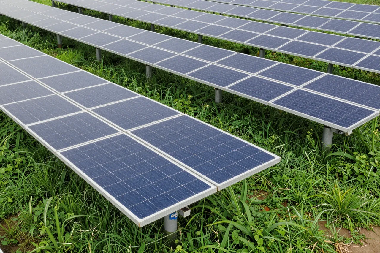 Rows of elevated solar panels sit above lush green vegetation in an agricultural solar farm.