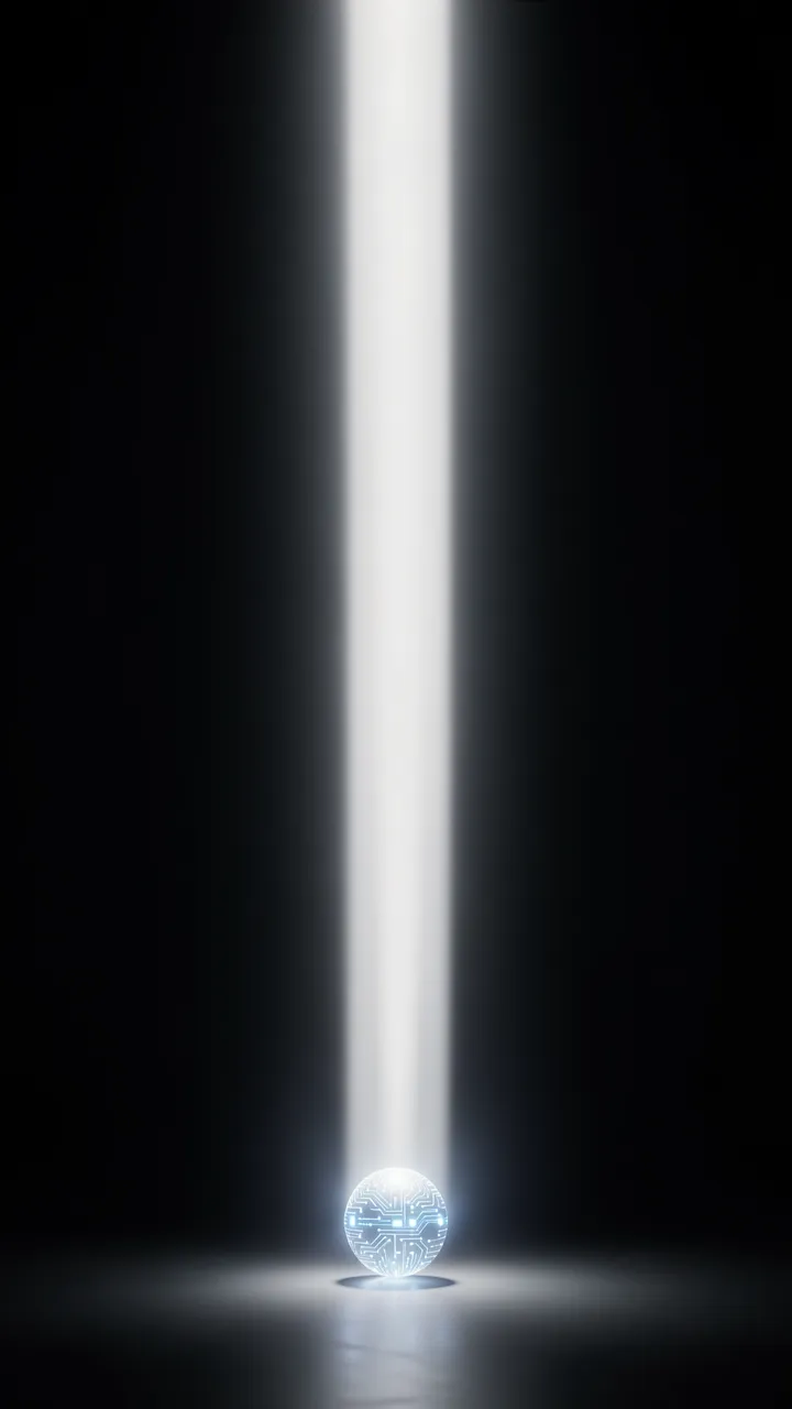 A vertical beam of white light falls onto a circuit-patterned glowing orb on a dark stage