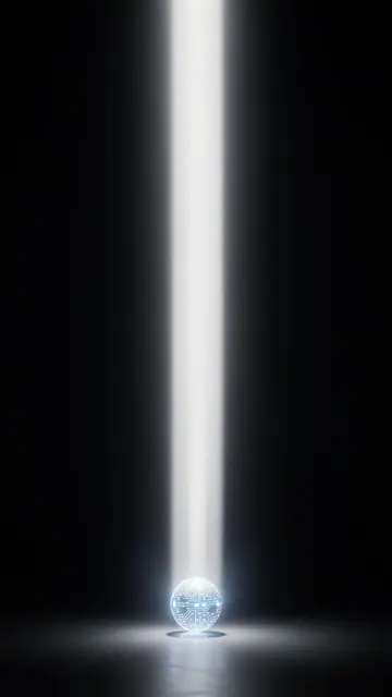 A vertical beam of white light falls onto a circuit-patterned glowing orb on a dark stage