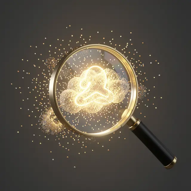 A golden magnifying glass reveals a glowing user silhouette inside a cloud of floating golden particles on a dark gray