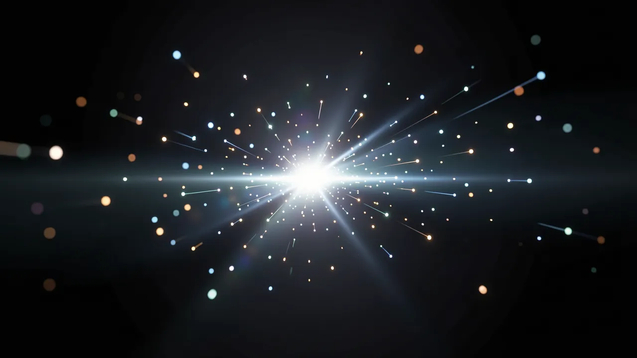 Scattered glowing particles converge into a bright central light flare against a dark background