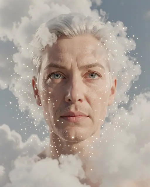 A realistic adult human face emerges from soft clouds dotted with glowing light particles against a pale sky