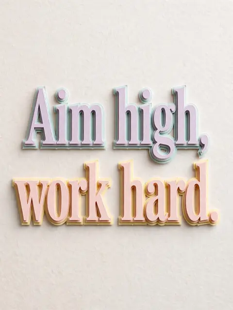 Layered pastel paper cut-out lettering reads "Aim high, work hard" on a pale textured background.