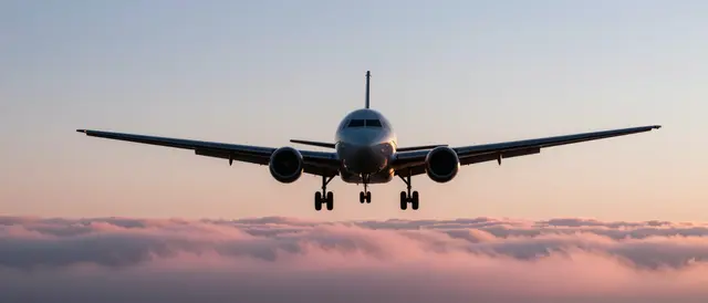 A commercial jet airliner flies low above a sea of pink clouds at soft sunrise