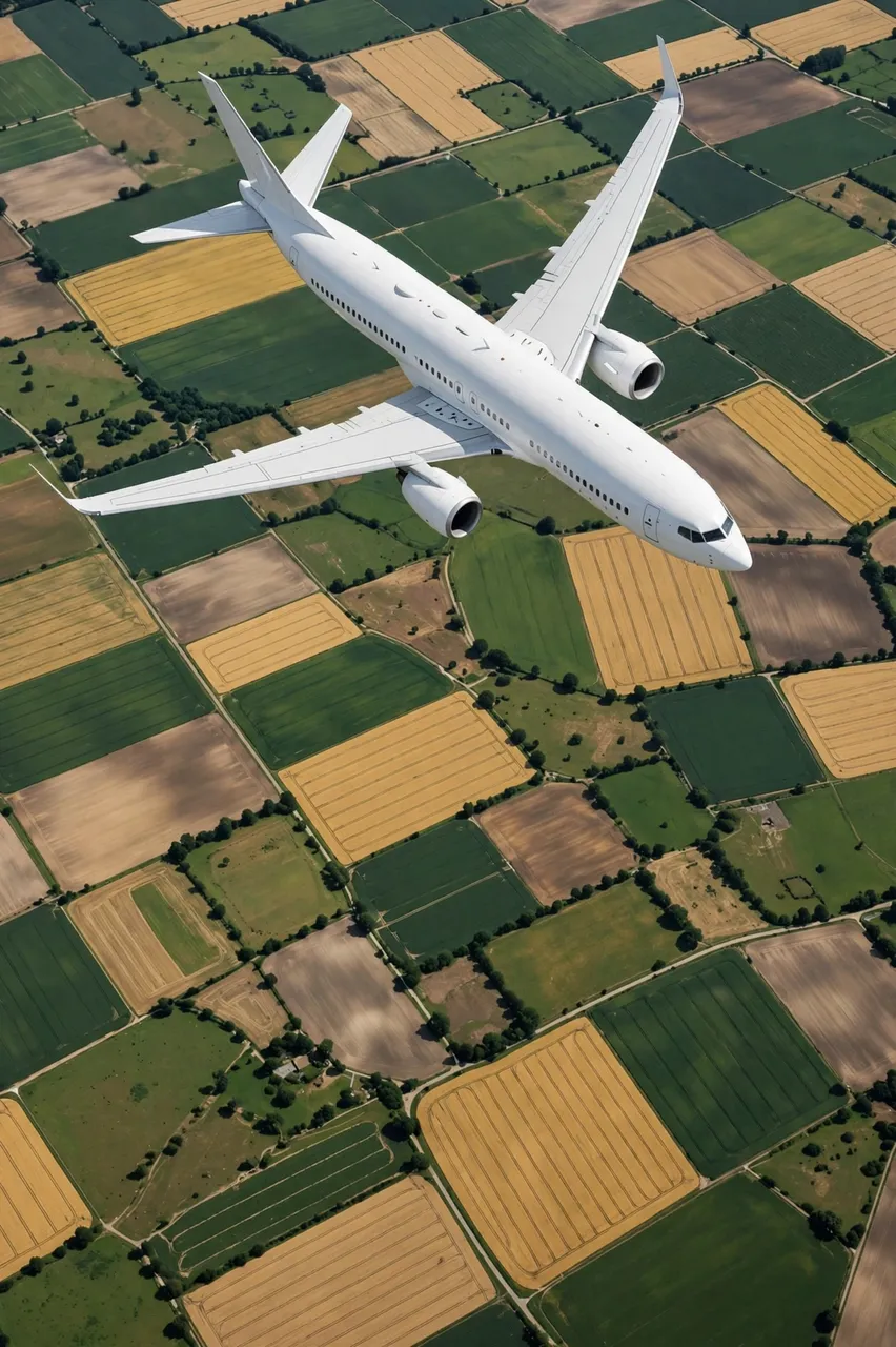 A plain white modern airliner banks in flight above a grid of patchwork agricultural fields.