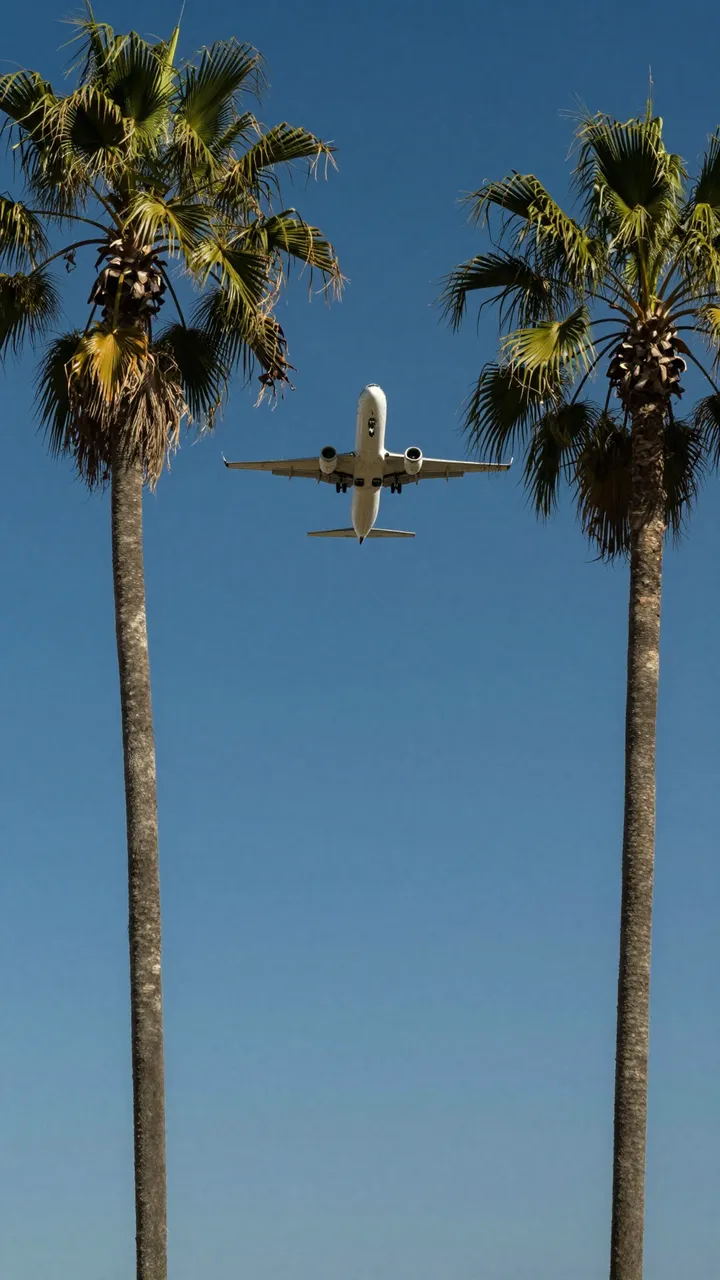 A commercial jet flies directly overhead between two tall palm trees against a clear deep blue sky