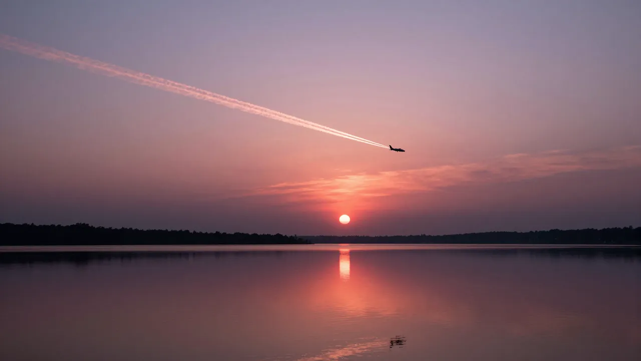 A tiny airliner with a glowing contrail flies over a still pink and purple sunset lake