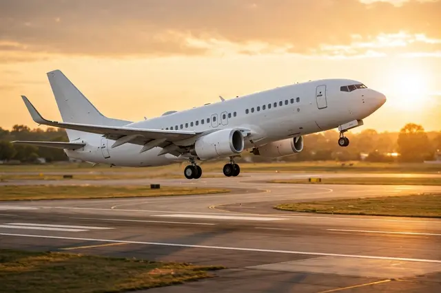 Plain white modern airliner lifts from an airport runway during warm golden evening sunset.