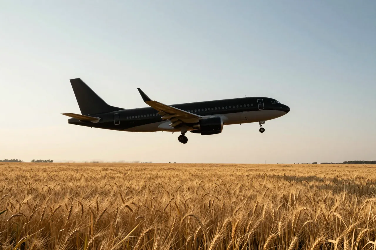 A dark jet airplane flies low over a ripe golden wheat field at warm golden hour