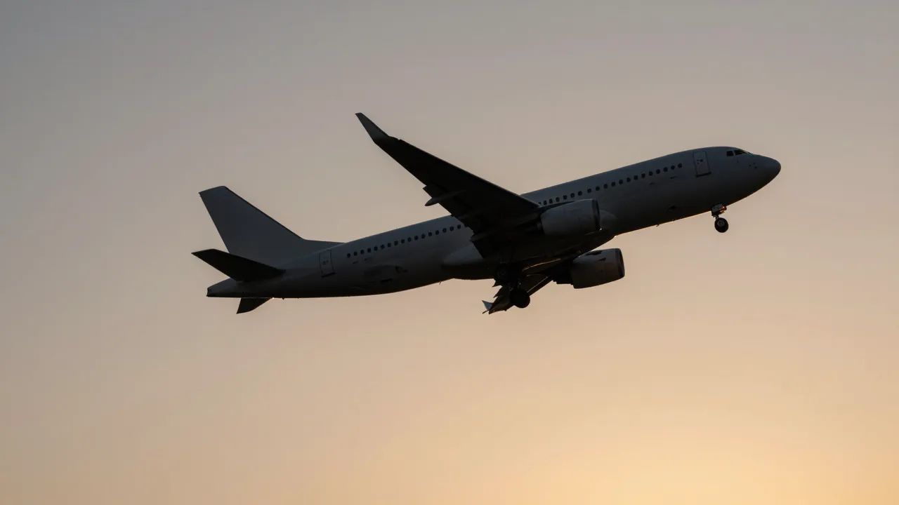 A commercial jet airplane flies with extended landing gear against a soft gradient sunset sky.