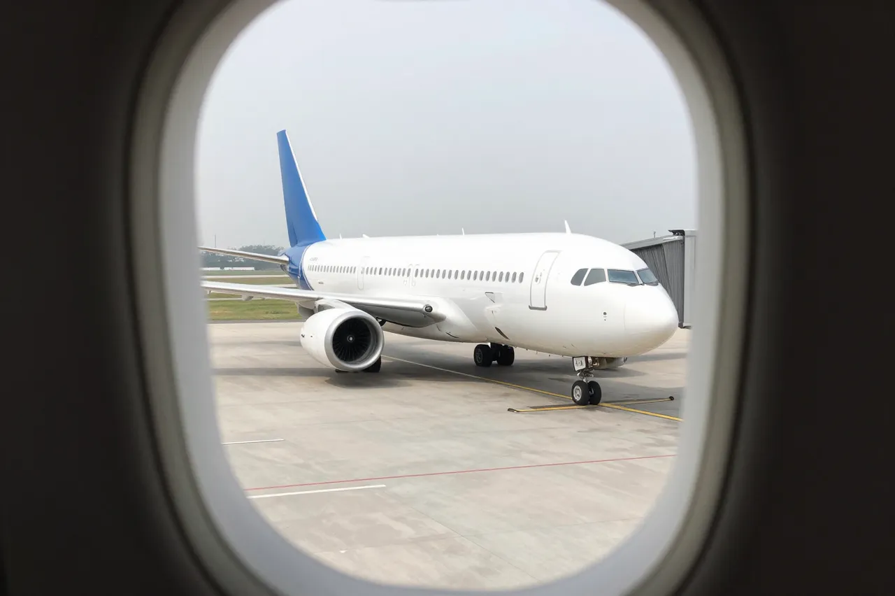 Unbranded white airplane with blue tail sits on airport tarmac seen through an aircraft window