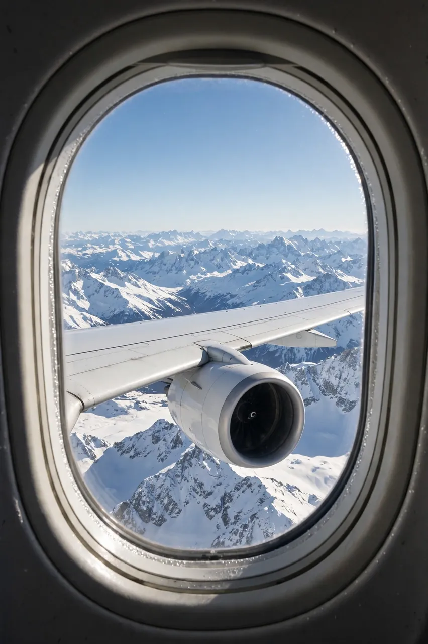 View through an oval airplane cabin window showing the plane wing, engine, and snow covered mountains under a clear blue sky