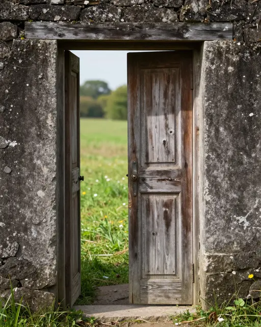 An old weathered wooden door stands ajar in a rough stone wall, revealing a bright sunlit wildflower meadow beyond.