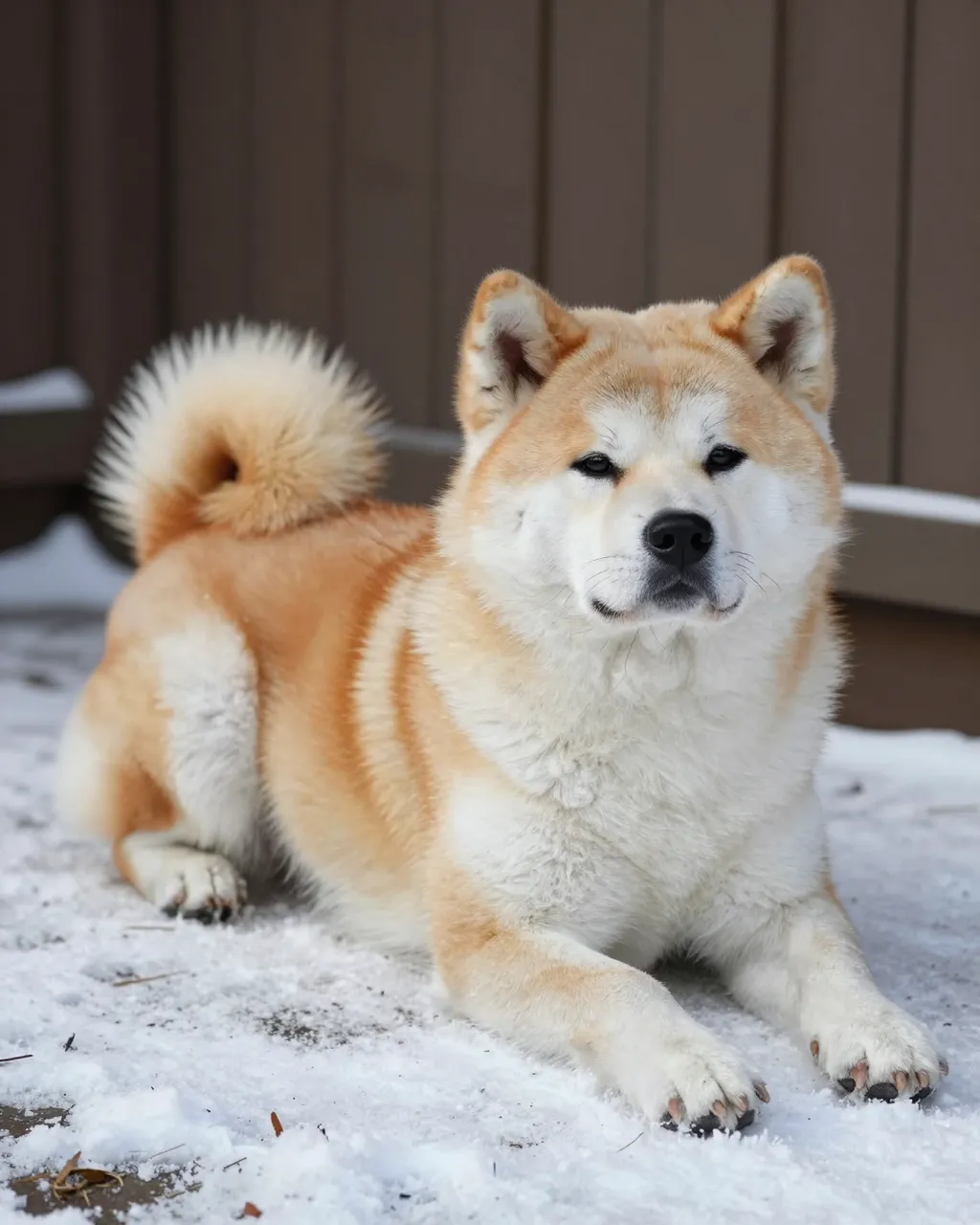 A fluffy red and white Akita lies calmly on snow covering a wooden porch