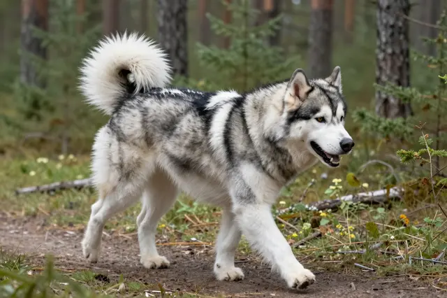 A gray and white Alaskan Malamute walks in side view along a dirt pine forest trail.