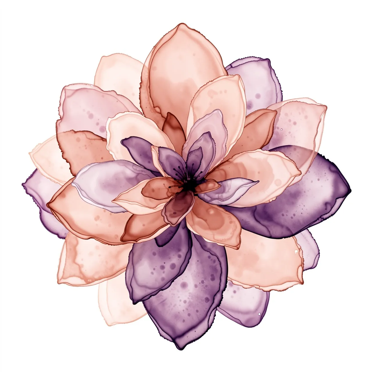 A layered abstract flower bloom rendered in soft blush, peach, and plum alcohol ink on a plain white background
