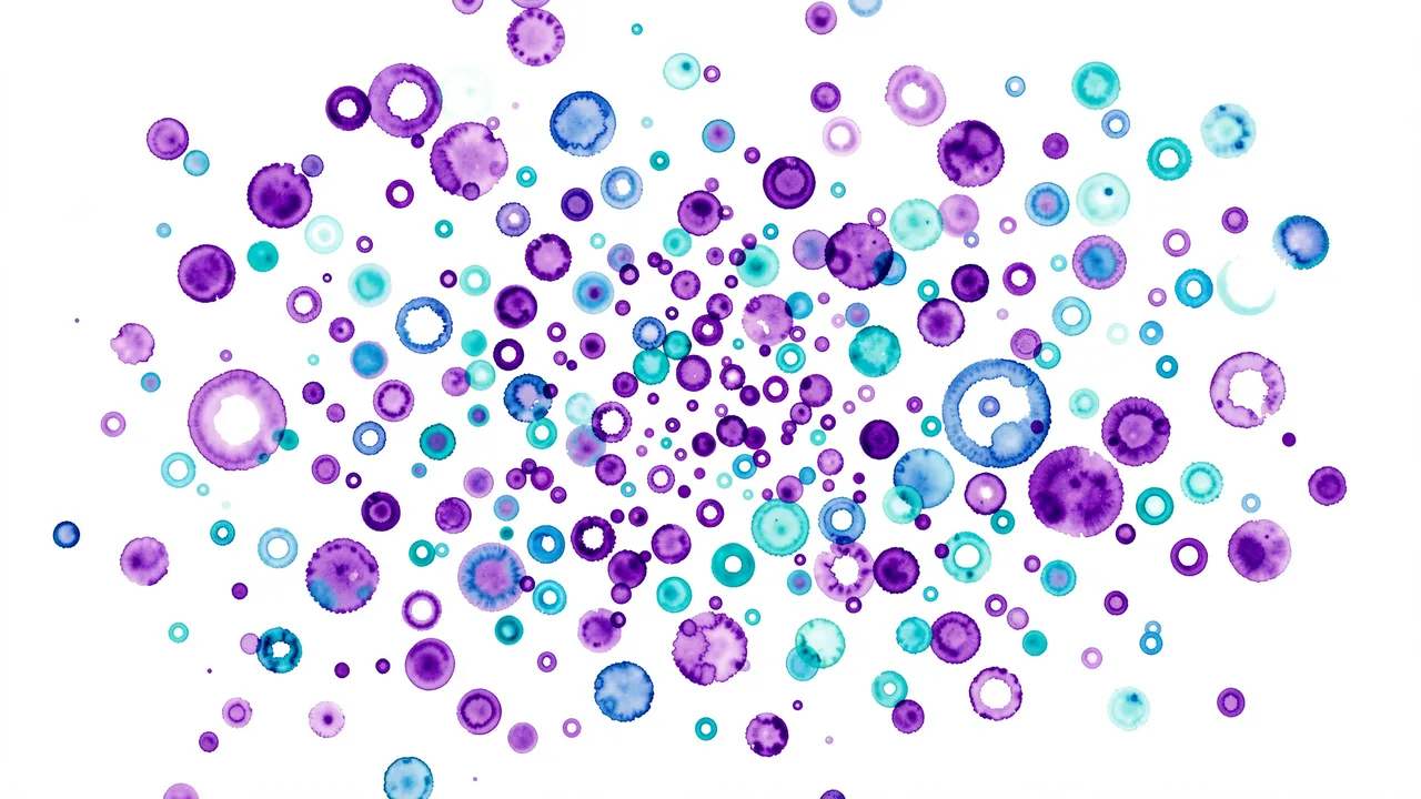 Scattered purple and turquoise ink bloom rings on a bright white background