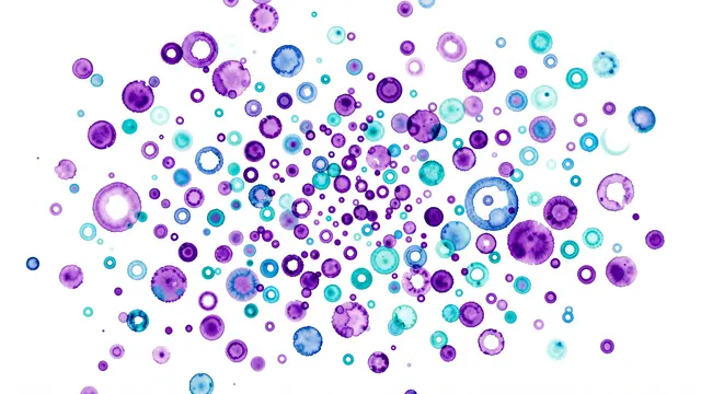 Scattered purple and turquoise ink bloom rings on a bright white background