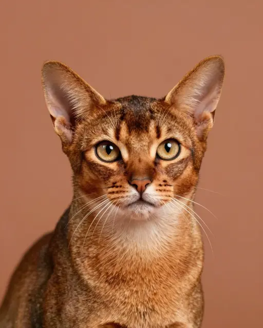 Close-up headshot of an alert ruddy Abyssinian cat facing the camera against a terracotta backdrop
