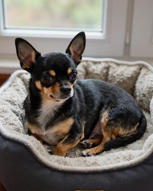A black and tan short-haired Chihuahua sits alert in a fluffy lined dog bed next to an interior window.