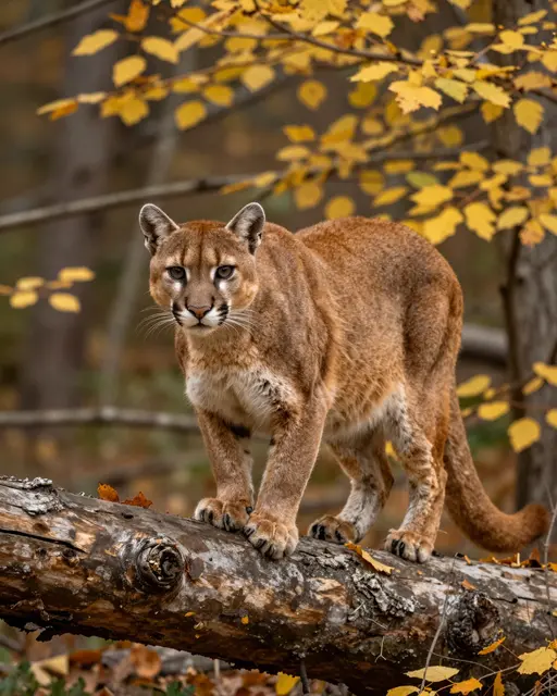 A cougar stands alert on a weathered fallen log in an autumn forest with golden yellow leaves overhead.