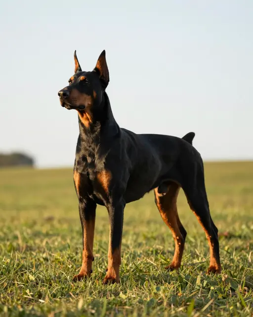A black and tan Doberman stands alert on a grassy hill during warm golden hour light