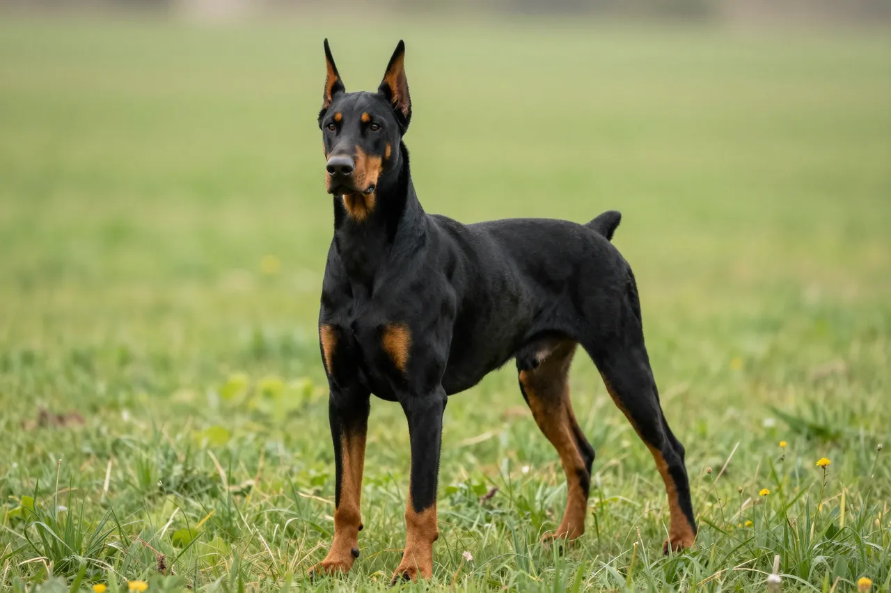 A black and tan doberman stands alert facing the camera in a sunlit grassy meadow
