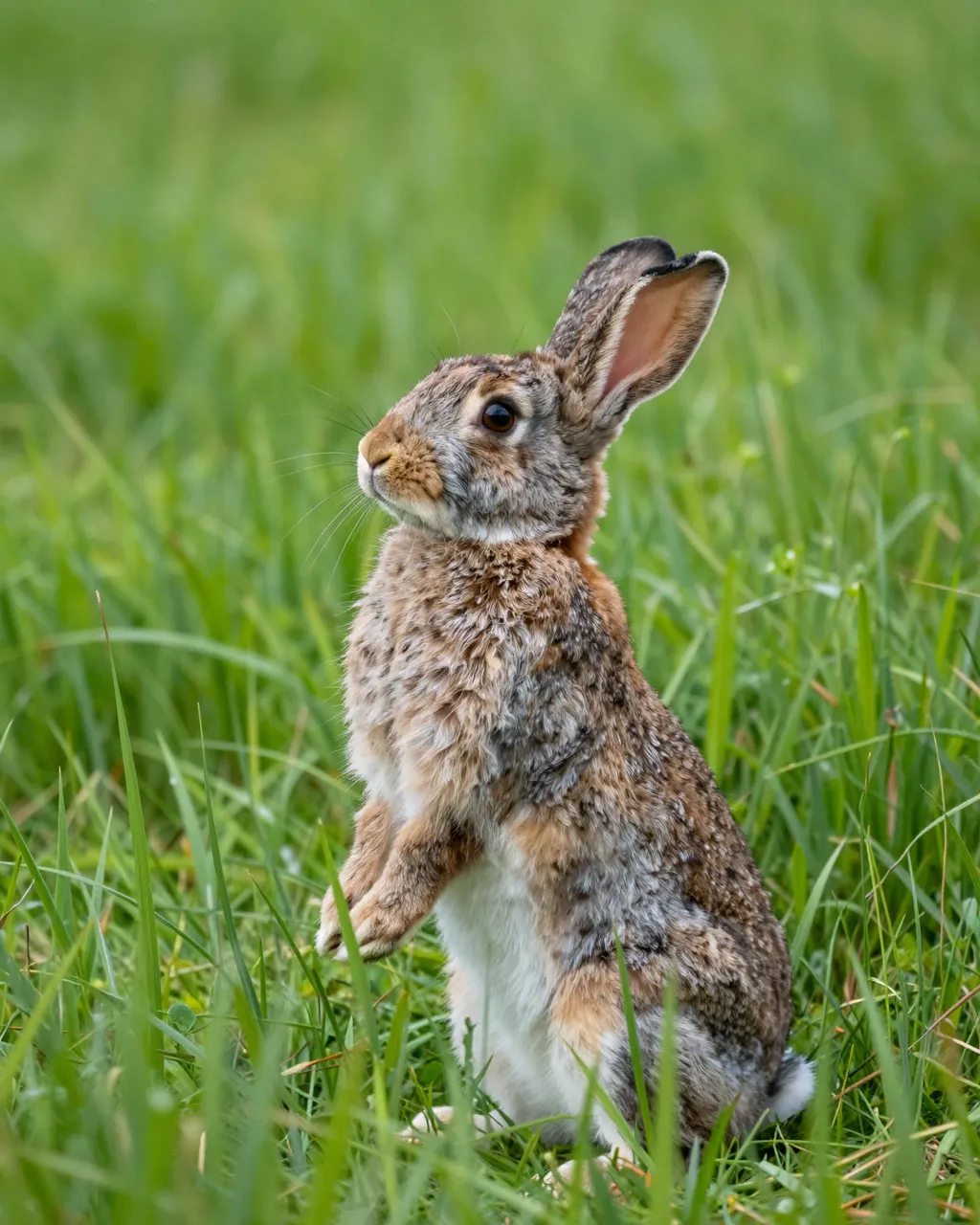 A cottontail rabbit stands upright on its hind legs in tall green grass, looking off to the side with ears raised.