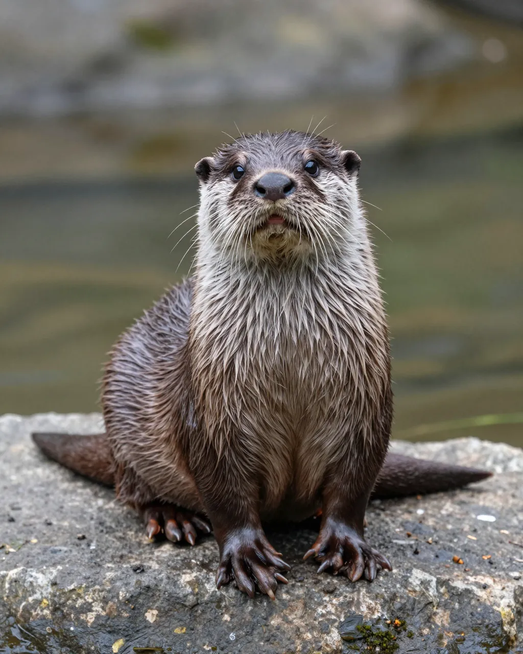 A wet furred river otter sits upright on a riverbank rock looking directly at the camera with an alert expression