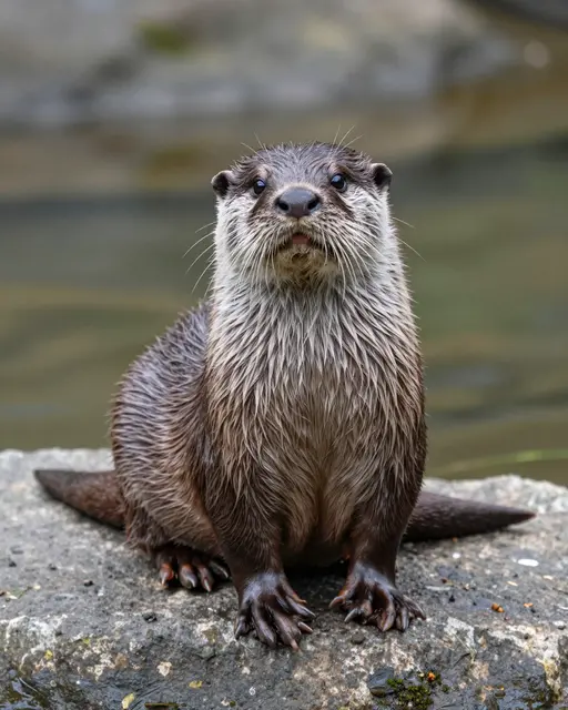 A wet furred river otter sits upright on a riverbank rock looking directly at the camera with an alert expression