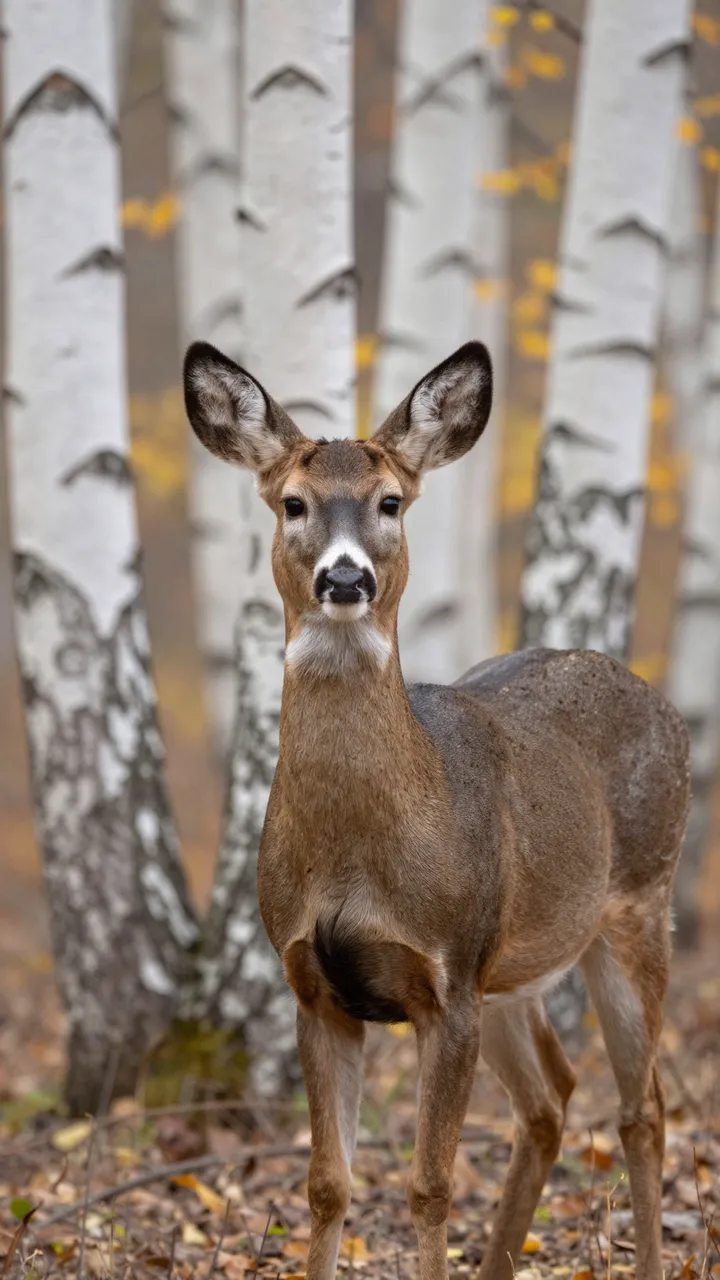 A white-tailed doe stands alert facing the camera among white birch trunks in autumn woodland