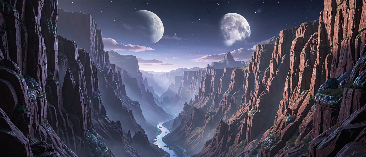 Vast alien canyon landscape with a winding river under a starry sky holding two large moons