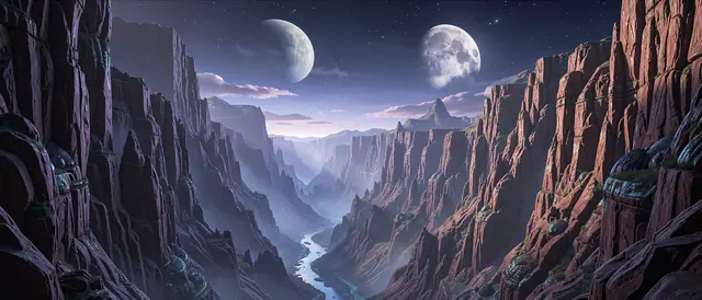 Vast alien canyon landscape with a winding river under a starry sky holding two large moons