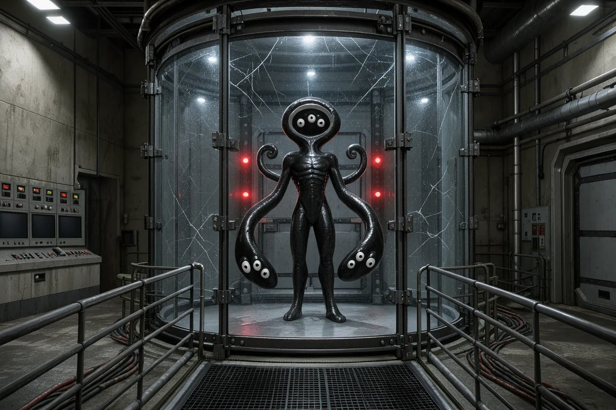 A black multi-eyed alien creature stands inside a cracked glass containment unit in a concrete laboratory