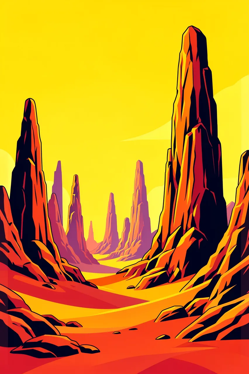 Retro sci-fi illustration of tall rock spires rising from an alien desert under a bright yellow sky