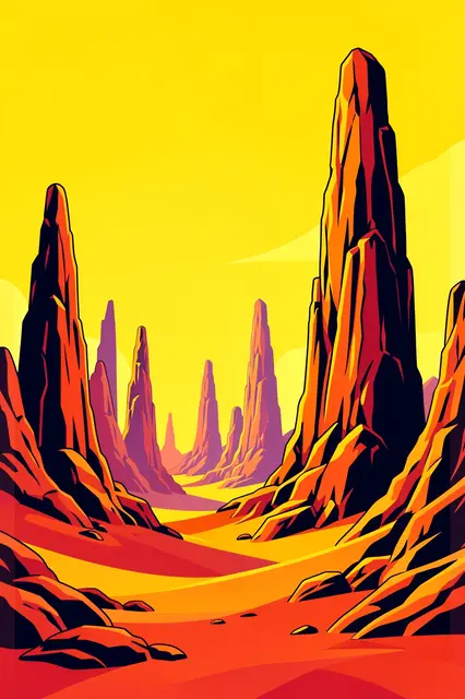 Retro sci-fi illustration of tall rock spires rising from an alien desert under a bright yellow sky
