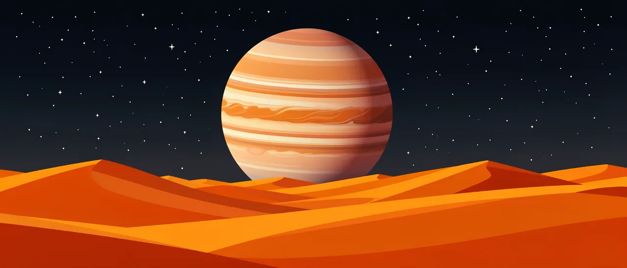 Orange alien sand dunes stretch under a large banded gas giant and a dark starry night sky