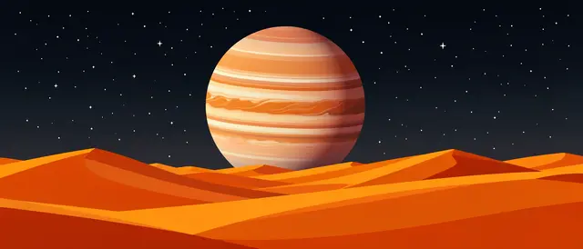 Orange alien sand dunes stretch under a large banded gas giant and a dark starry night sky