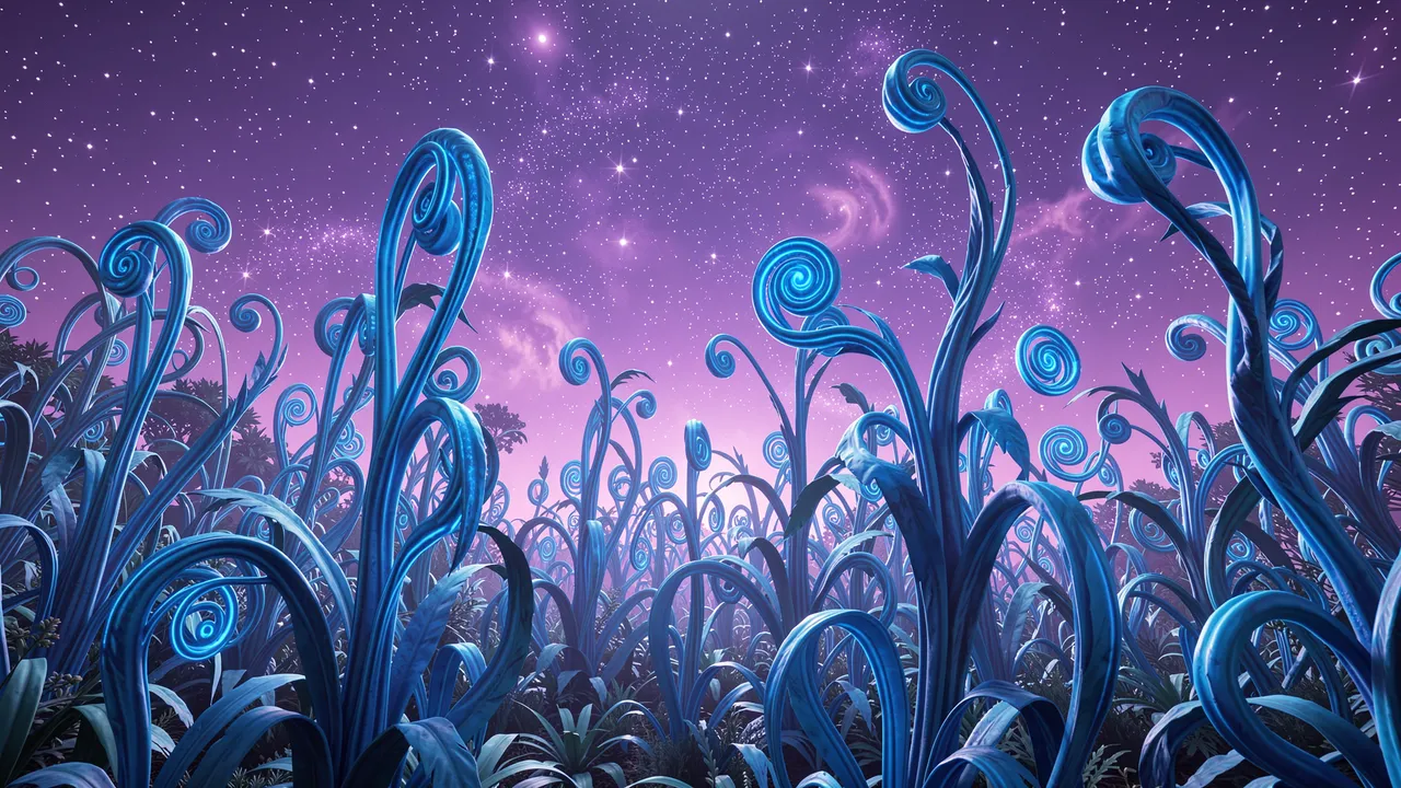 Towering glowing spiral blue alien plants stand beneath a star-dusted violet night sky
