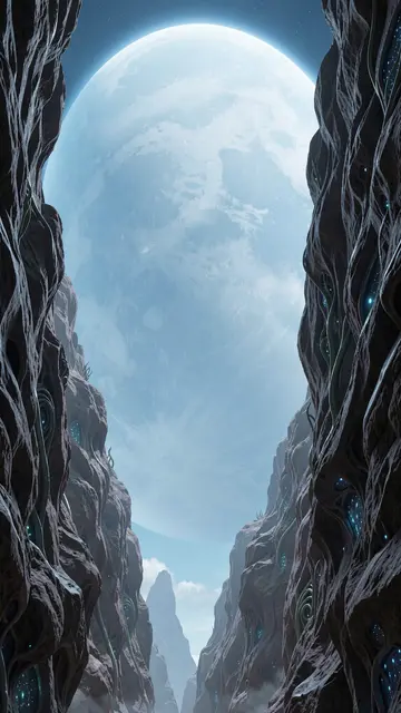 Vertical view up a narrow alien rock gorge toward a giant pale blue planet filling the sky