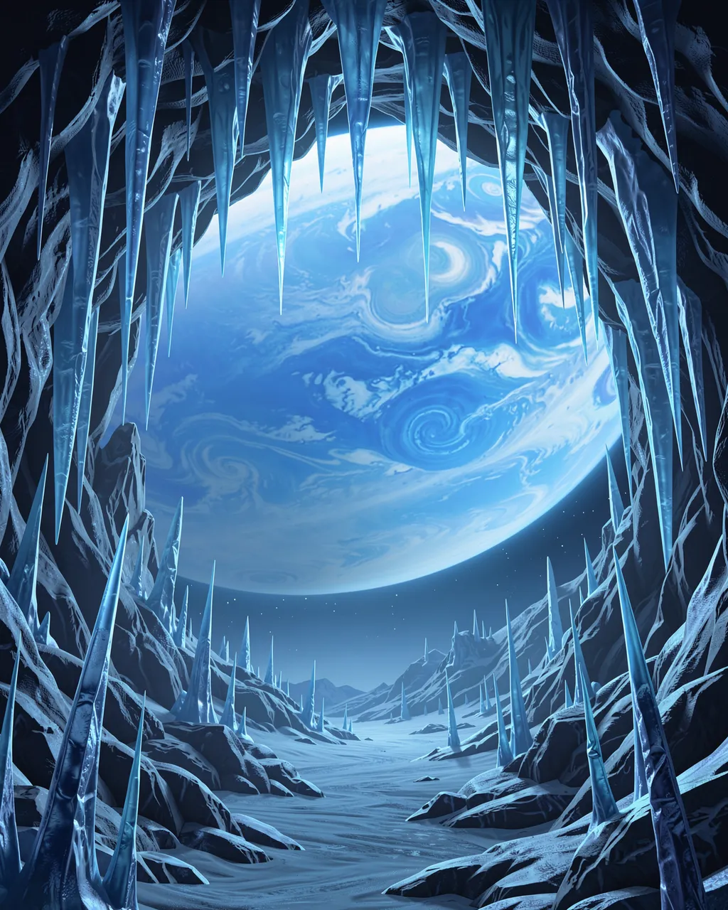 Glowing icicles frame a view of a swirling blue gas giant from inside an alien ice cave