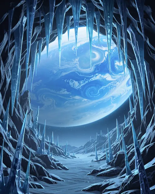 Glowing icicles frame a view of a swirling blue gas giant from inside an alien ice cave