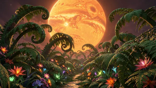 A winding path cuts through an alien jungle of giant curling ferns and glowing flowers beneath a massive orange gas giant.