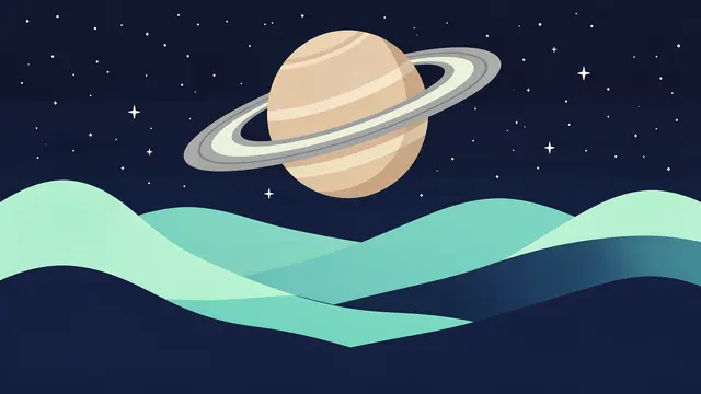 Layered mint and navy alien hills sit beneath a large ringed planet and a starry dark sky
