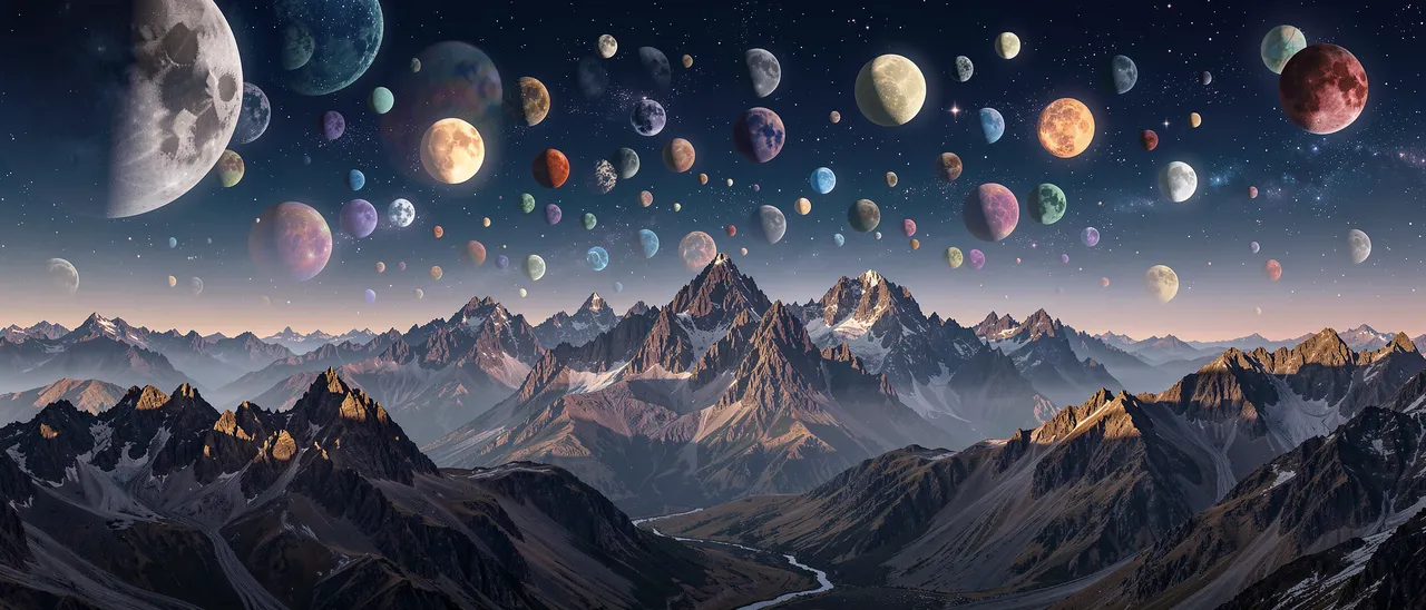 A wide alien mountain landscape sits beneath a dark sky filled with colorful moons and stars