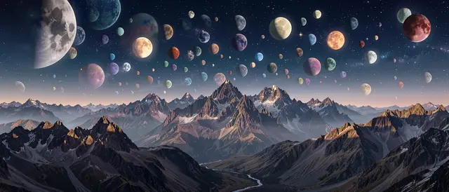 A wide alien mountain landscape sits beneath a dark sky filled with colorful moons and stars